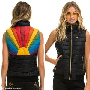 NWOT Aviator Nation Sunburst Puffer Vest Sherpa Collar Black Zipper Pockets sz L